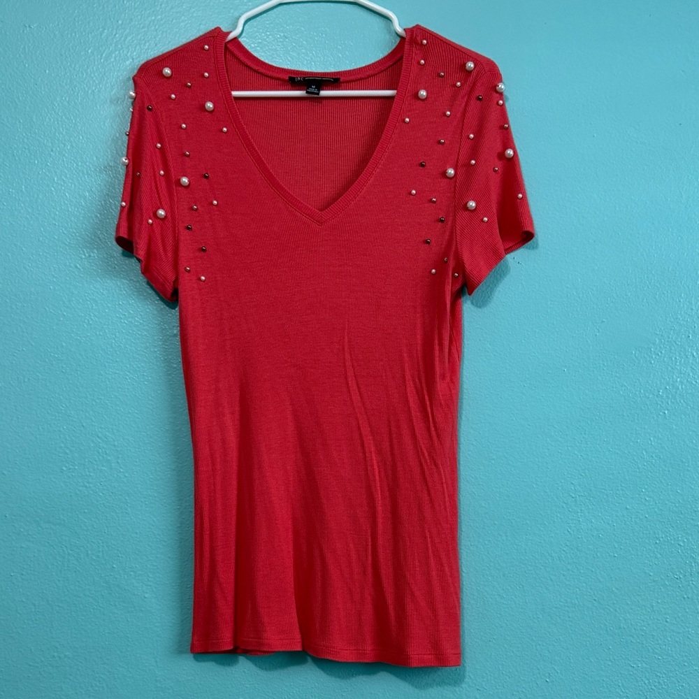 INC International Concepts Red Embellished Short Sleeve Top